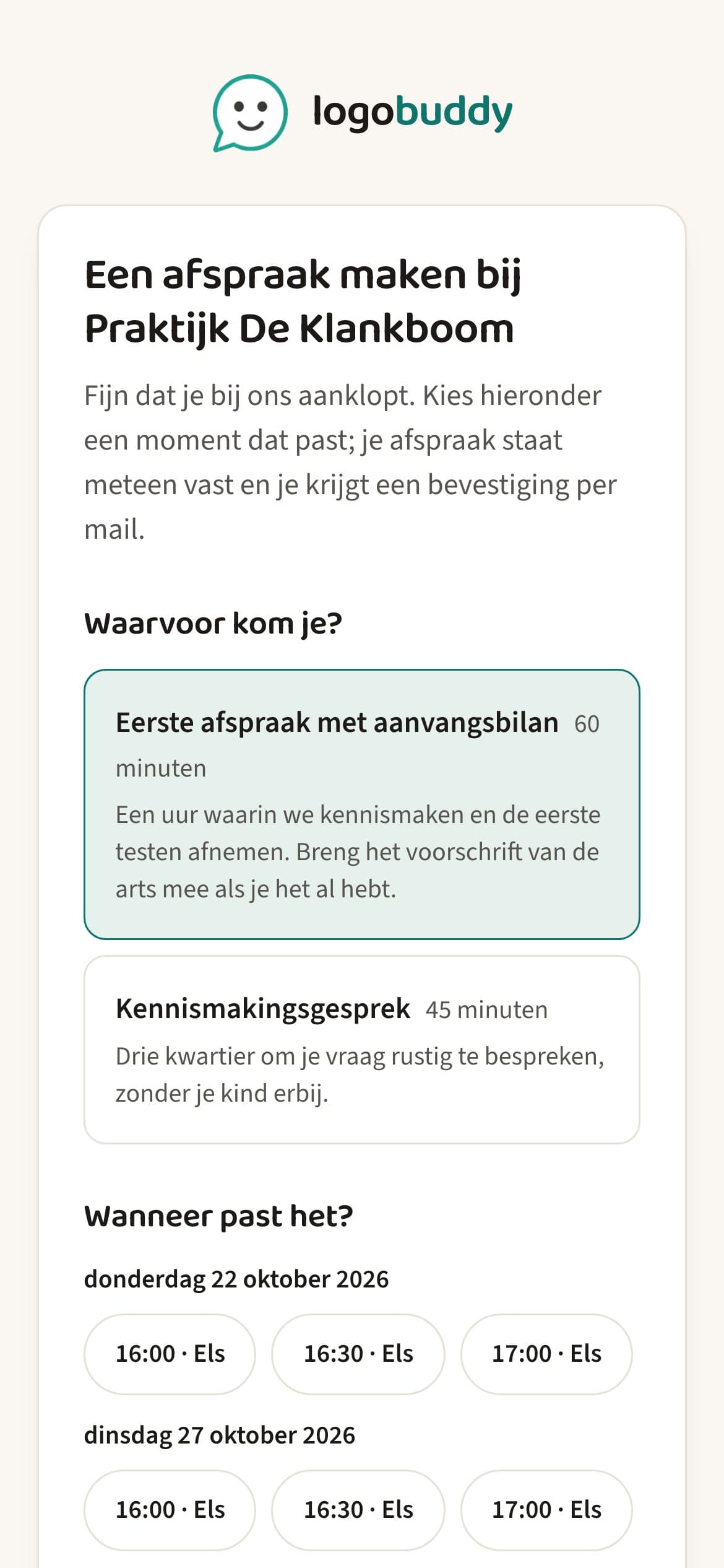 De online boekpagina van een praktijk op een gsm