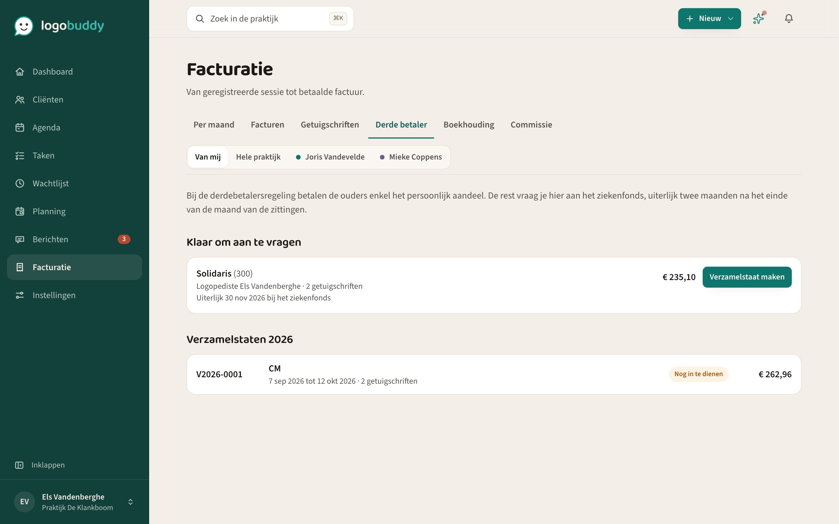 Het tabblad Derde betaler met een verzamelstaat per ziekenfonds
