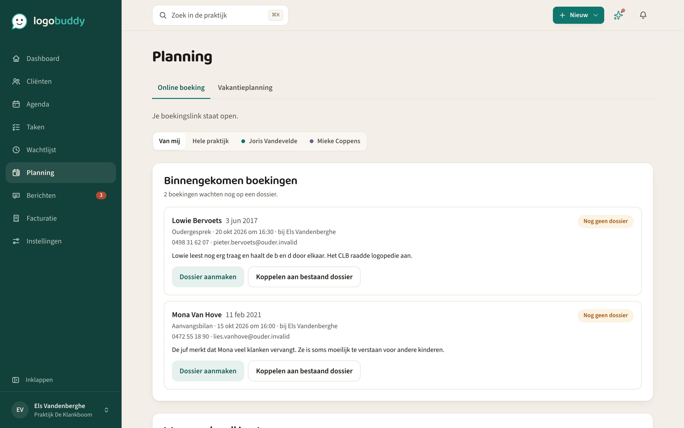 Het planningsscherm met open momenten, boekingslinks en online boekingen