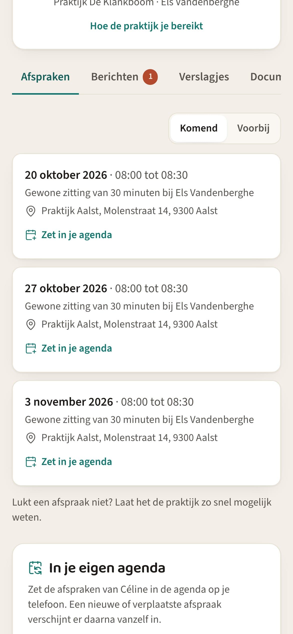 De kaart In je eigen agenda in het ouderportaal, om de afspraken op de gsm te zetten