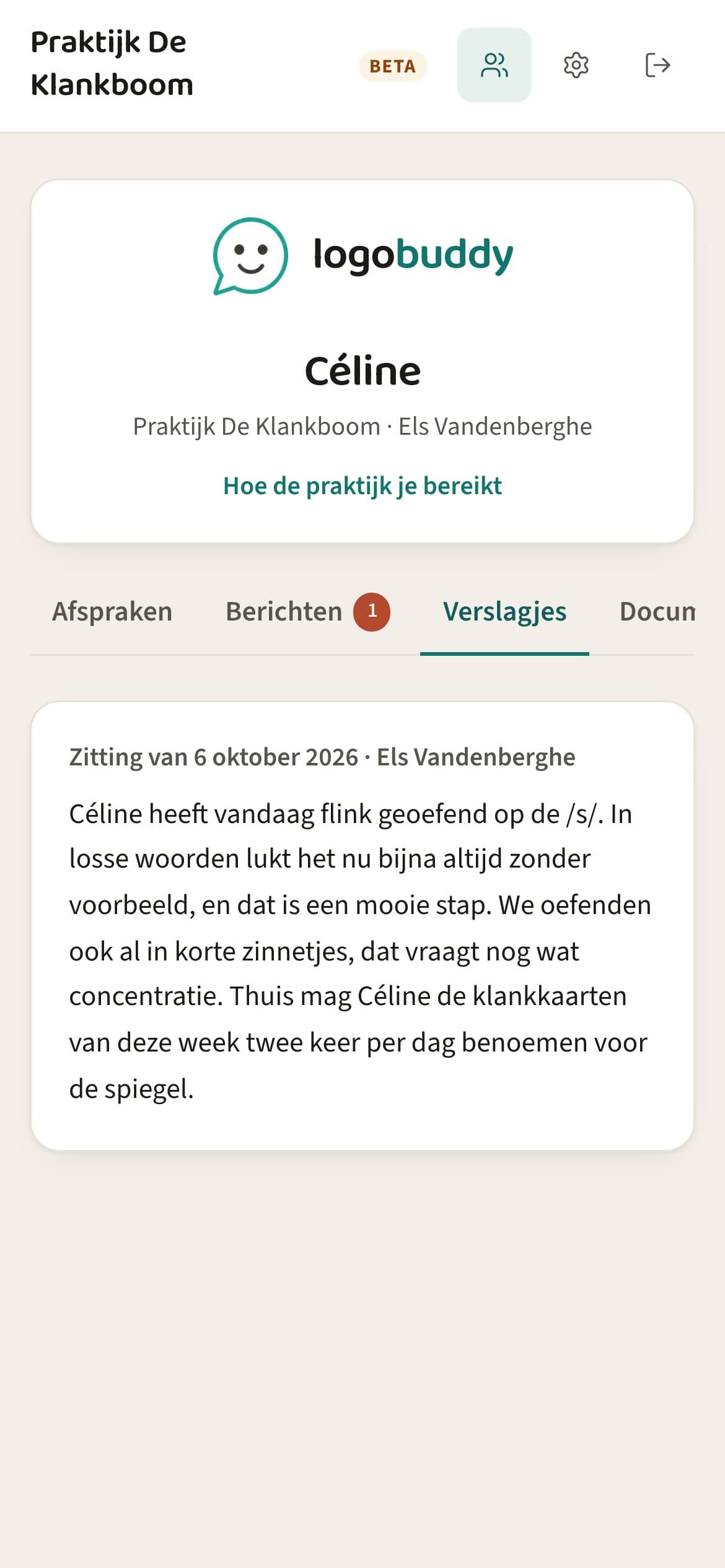 De verslagjes van de logopedist in het ouderportaal