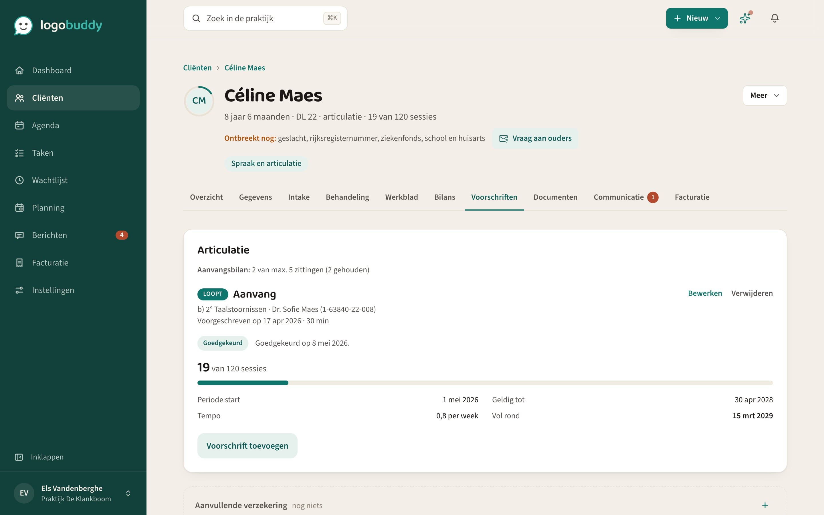 De voorschriftenketting van een dossier met de teller van de goedgekeurde zittingen