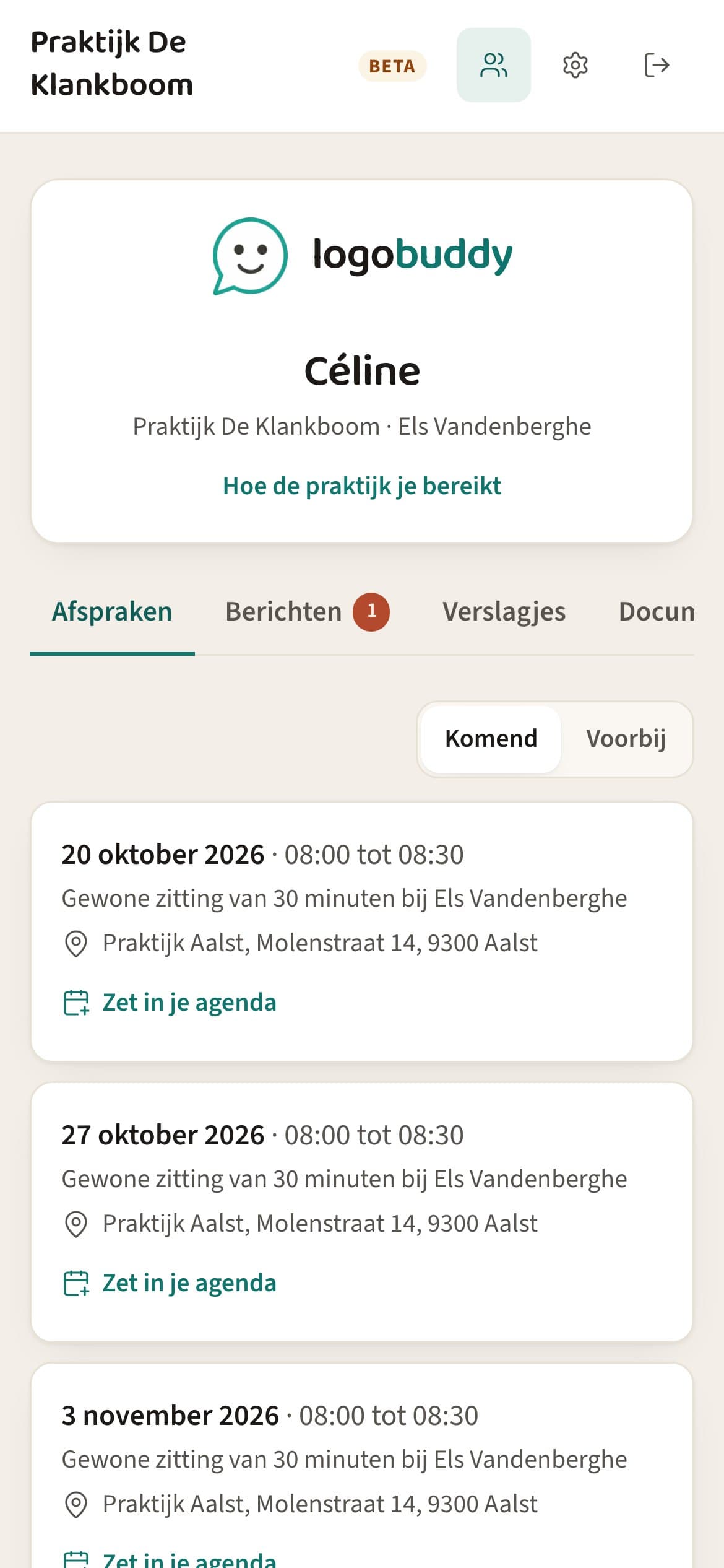 De pagina van een kind in het ouderportaal op een gsm